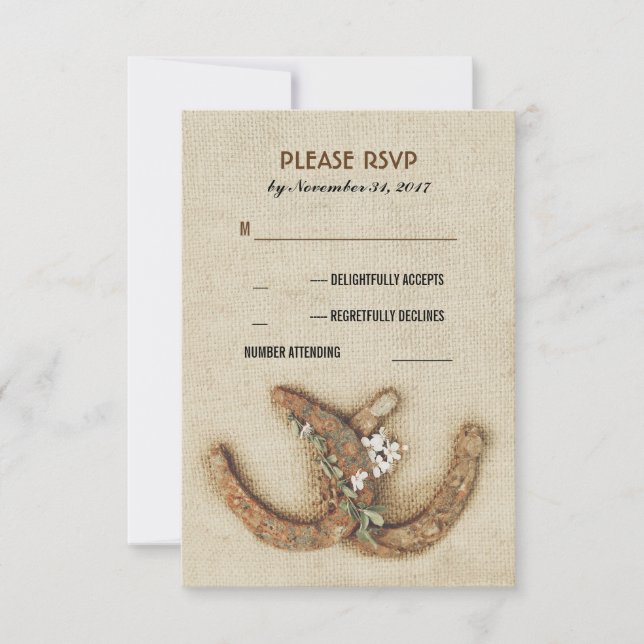 rustic horseshoes couple wedding RSVP card (Front)