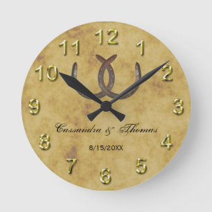 Rustic Horseshoes Distressed BG Round Clock