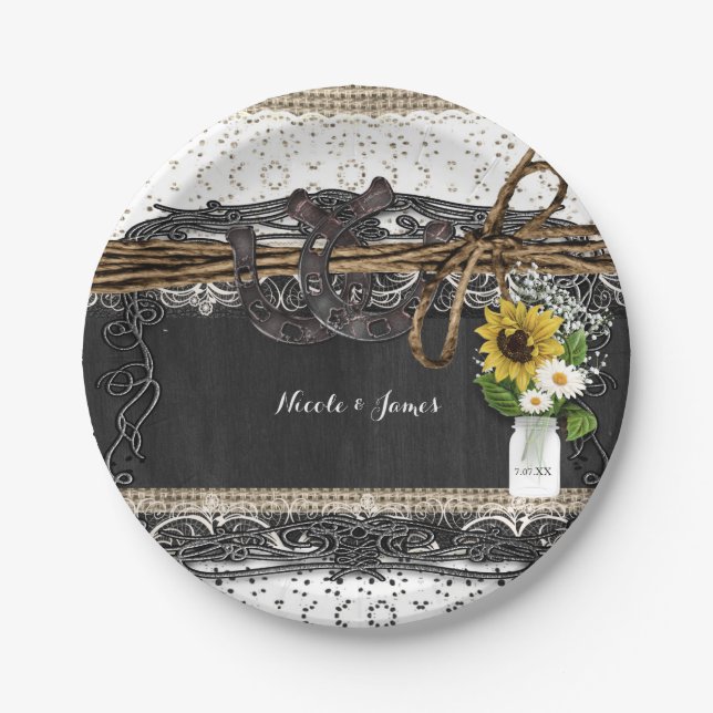 Rustic Horseshoes & Flowers Country Wedding Plates (Front)