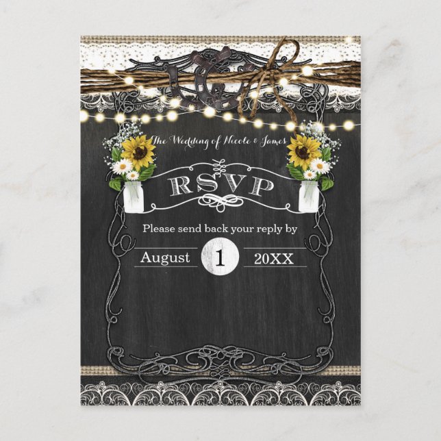 Rustic Horseshoes & Flowers Wedding RSVP Card (Front)