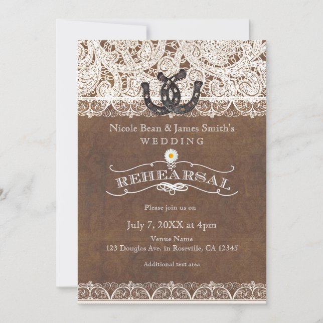 Rustic Horseshoes & Lace Country REHEARSAL Dinner Invitation (Front)