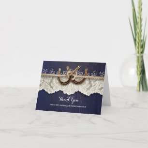 Rustic Horseshoes Lace Wood Navy Wedding Thank You Card