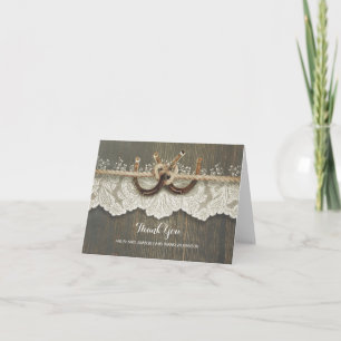 Rustic Horseshoes Lace Wood Wedding Thank You Card