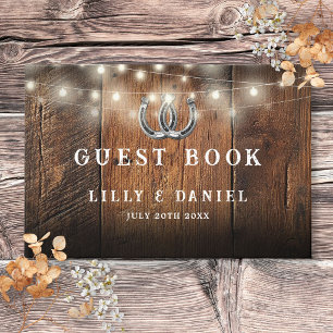 Rustic Horseshoes String Lights Barn Wood Wedding Guest Book