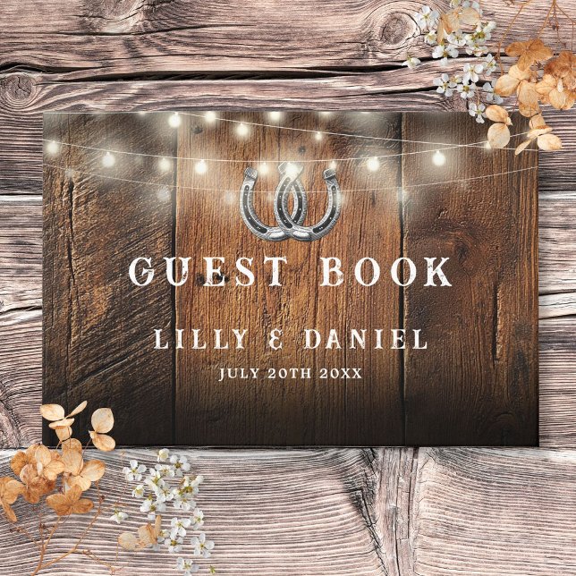 Rustic Horseshoes String Lights Barn Wood Wedding Guest Book (Rustic Horseshoes String Lights Barn Wood Wedding Guest Book)