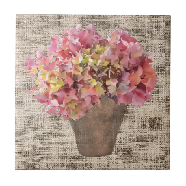 Rustic Hortensia in Vase Flowers on Canvas Tile (Front)