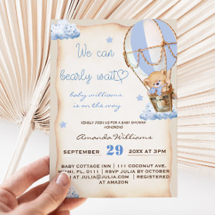 Rustic Hot Air Balloon Bear Baby Boy Shower Invitation