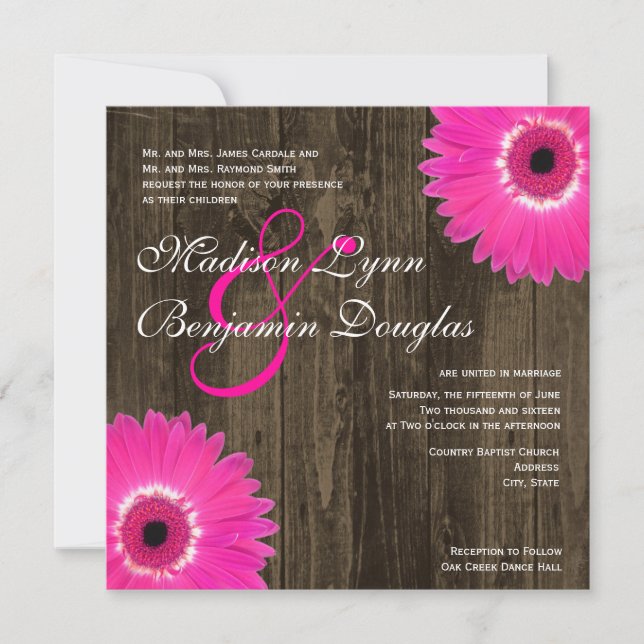 Rustic Hot Pink Daisy Square Wedding Invitations (Front)