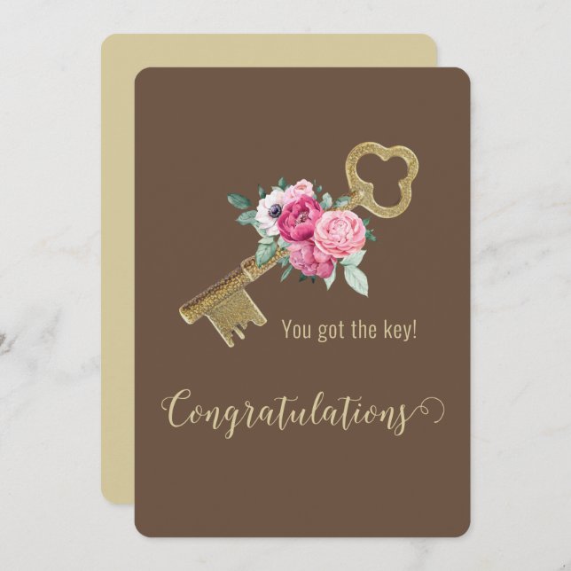 Rustic House Key Floral Watercolor Congratulations Card (Front/Back)