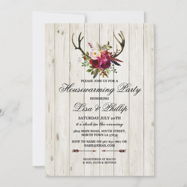 Rustic Housewarming Party Antlers Stag Invite (Front)