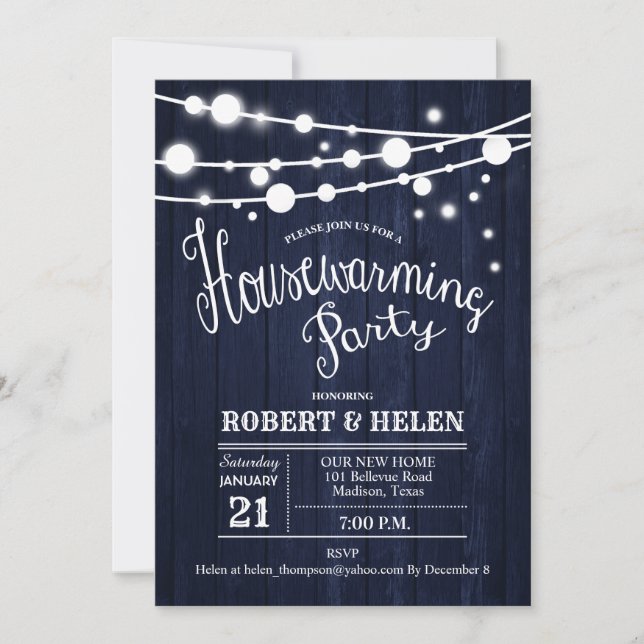 Rustic Housewarming Party - Navy Blue Wood Invitation (Front)