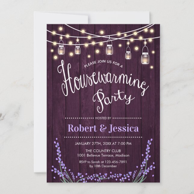 Rustic Housewarming Party - Purple Wood Lavender Invitation (Front)