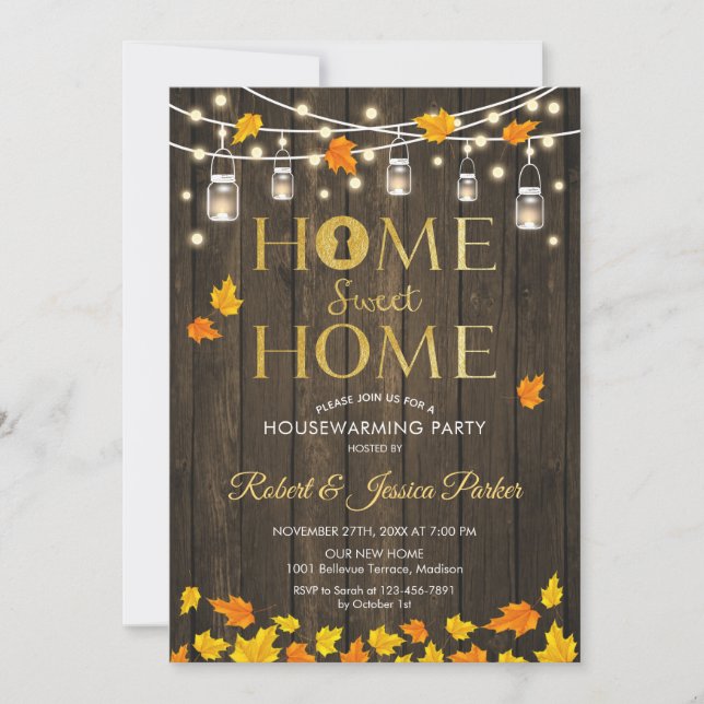 Rustic Housewarming Party - Wood Fall Leaves Invitation (Front)