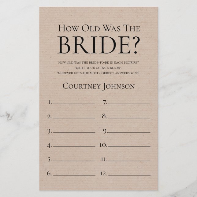 Rustic How Old Was The Bride Bridal Shower Game (Front)