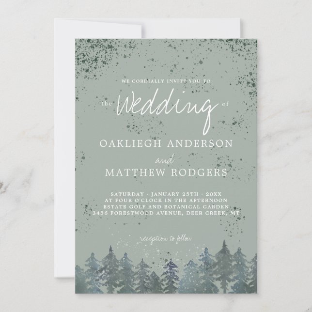 Rustic Hunter Green Forest Snowy Winter Wedding Invitation (Front)