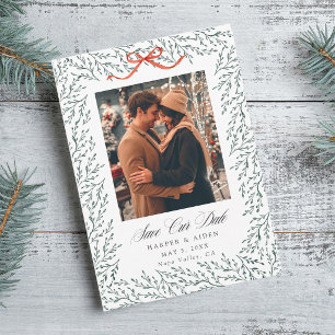 Rustic Hunter Green Red Bow Botanical Border Photo Save The Date