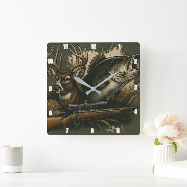 Rustic Hunting Wildlife Display Outdoors Square Wall Clock (Home)