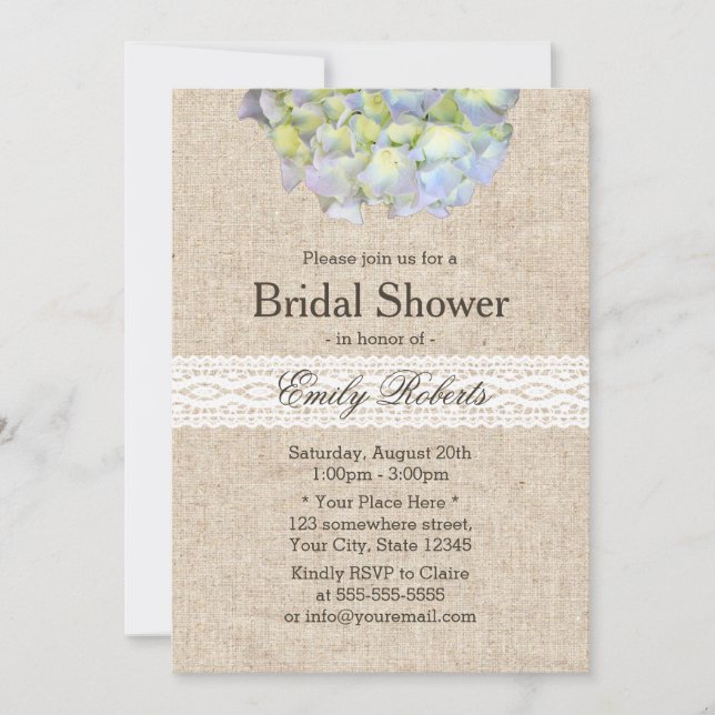Rustic Hydrangea Lace & Burlap Bridal Shower Invitation (Front)