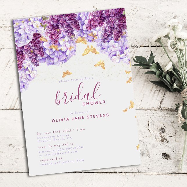Rustic Hydrangea Lilac Butterflies Bridal Shower Invitation (Creator Uploaded)