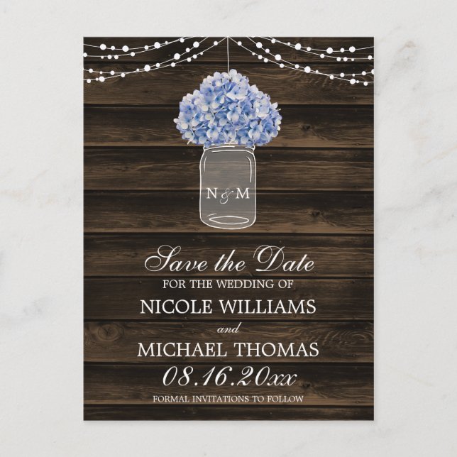 Rustic Hydrangea Mason Jar Barn Wood Save the Date Announcement Postcard (Front)