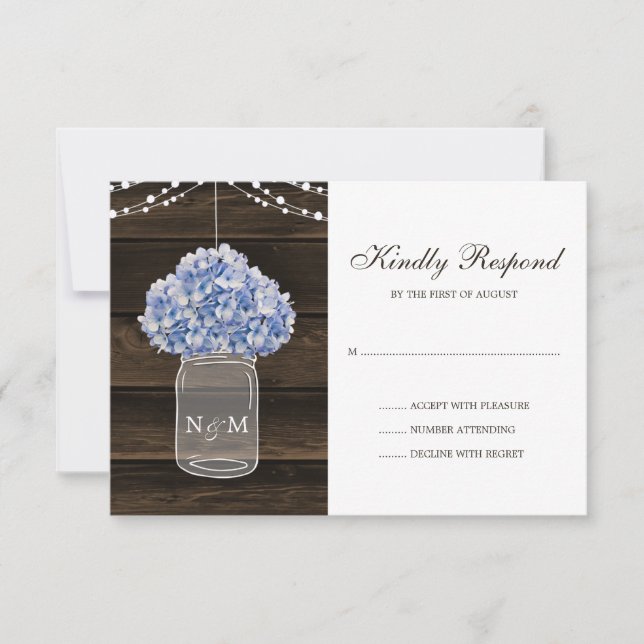 Rustic Hydrangea Mason Jar Barn Wood Wedding RSVP Card (Front)