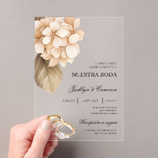 Rustic Hydrangea with ring Spanish Wedding Acrylic Invitations