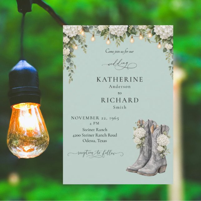 Rustic Hydrangeas & Cowboy Boots Wedding Invitation (Creator Uploaded)