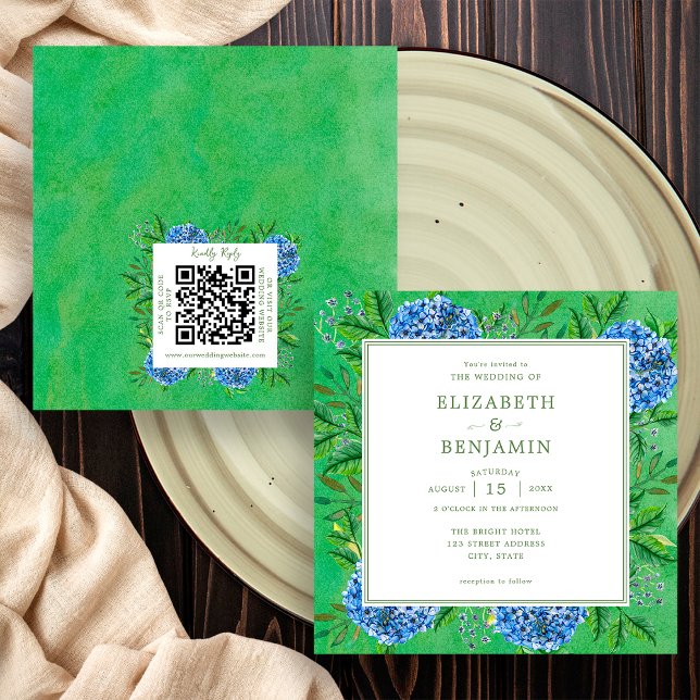 Rustic Hydrangeas Wedding Invitation With QR Code (Front / Back)