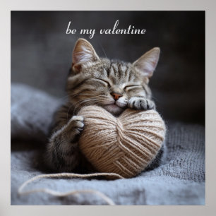 Rustic Hygge Valentine Tabby Cat Cuddling Yarn Hea Poster