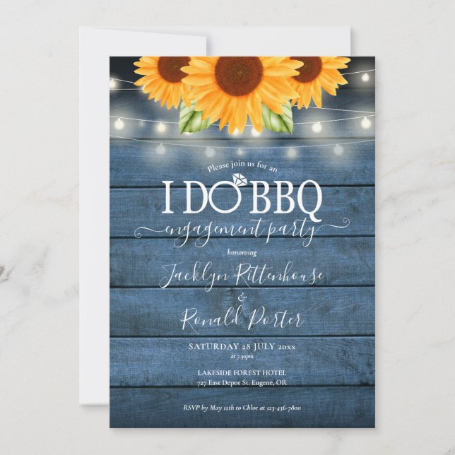 Rustic I Do BBQ String Lights Sunflower Engagement Invitation (Front)
