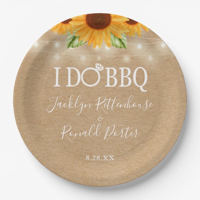 Rustic I Do BBQ Sunflower String Lights Engagement Paper Plate (Front)