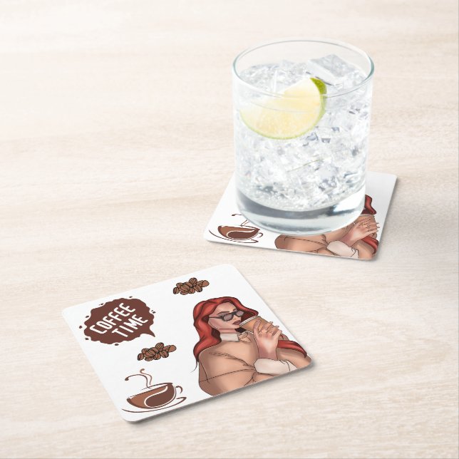 Rustic illustration of coffee Cappuccino Brown Square Paper Coaster (Insitu)