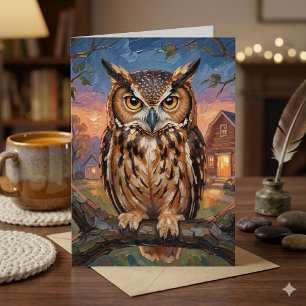 Rustic Impasto Great Horned Owl Birthday Card