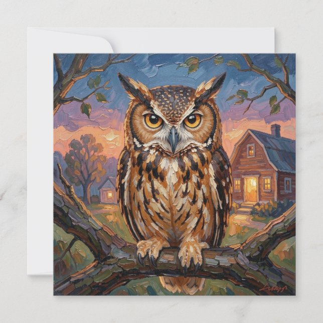 Rustic Impasto Great Horned Owl Blank (Front)