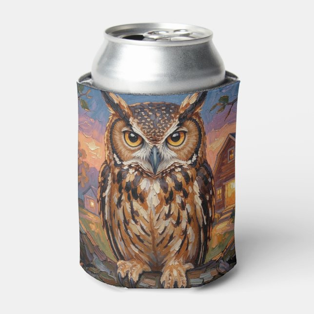Rustic Impasto Great Horned Owl  Can Cooler (Can Front)