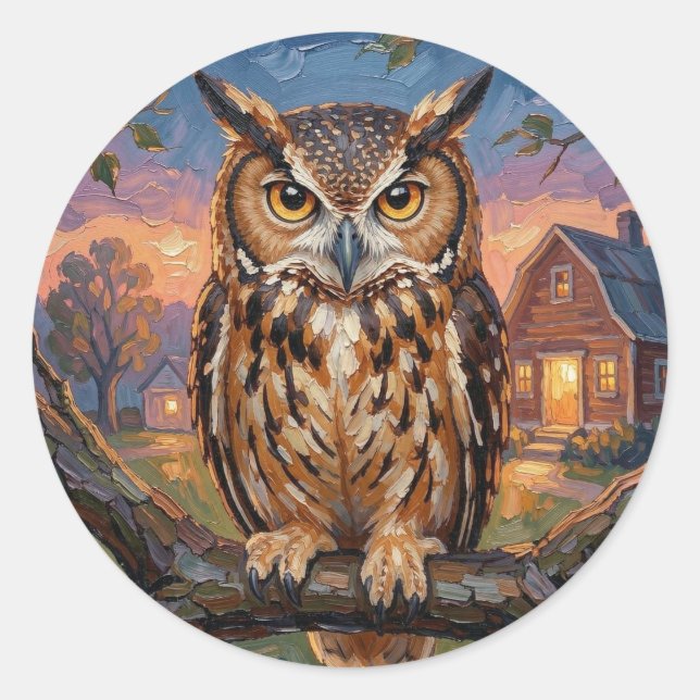 Rustic Impasto Great Horned Owl  Classic Round Sticker (Front)