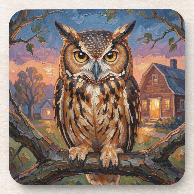 Rustic Impasto Great Horned Owl  Coaster (Front)