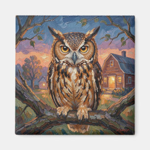 Rustic Impasto Great Horned Owl  Magnet