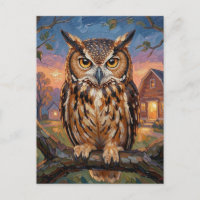 Rustic Impasto Great Horned Owl Saying Hi