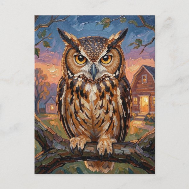 Rustic Impasto Great Horned Owl Saying Hi Postcard (Front)