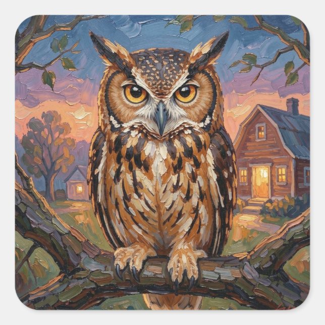 Rustic Impasto Great Horned Owl  Square Sticker (Front)