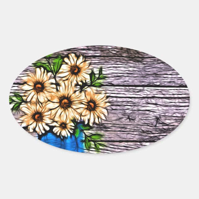Rustic impressionism blue vase yellow daisy oval sticker (Front)