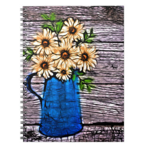 Rustic impressionism blue vase yellow sunflower spiral notebook