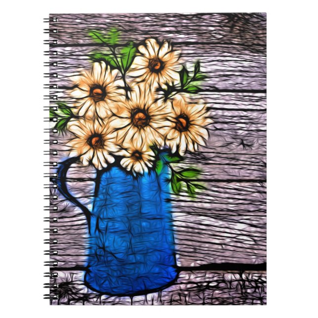 Rustic impressionism blue vase yellow sunflower spiral notebook (Front)