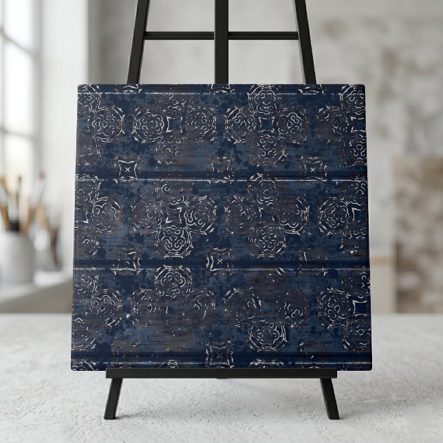 Rustic Indigo Blue Damask Distressed Wood Pattern Tile (Creator Uploaded)