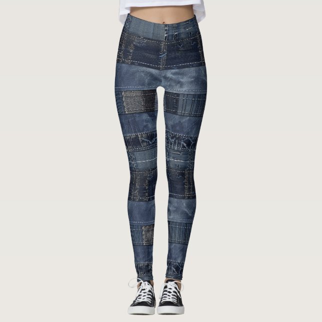 Rustic Indigo Denim Patchwork Pattern Leggings (Front)