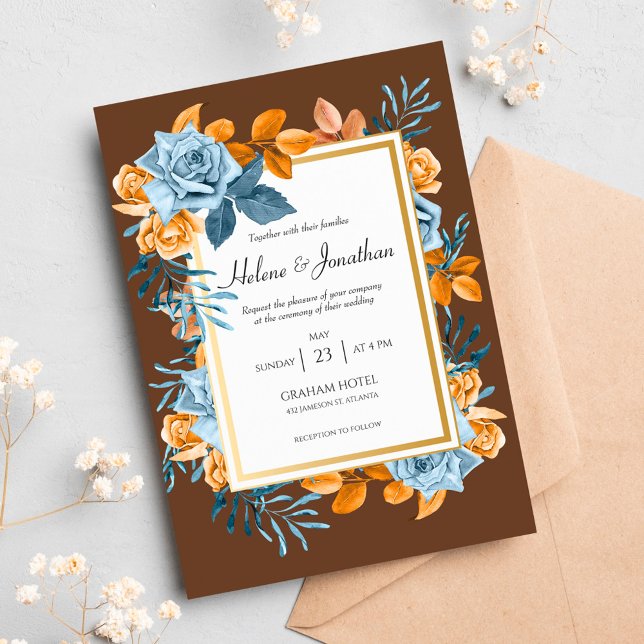 Rustic Indigo Rust Floral Chic Modern Boho Wedding Invitation (Creator Uploaded)