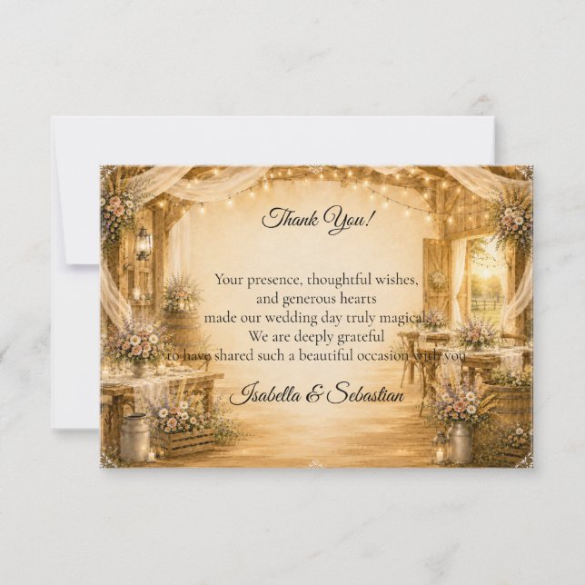 Rustic Indoor Barn Wedding Thank You Card (Front)