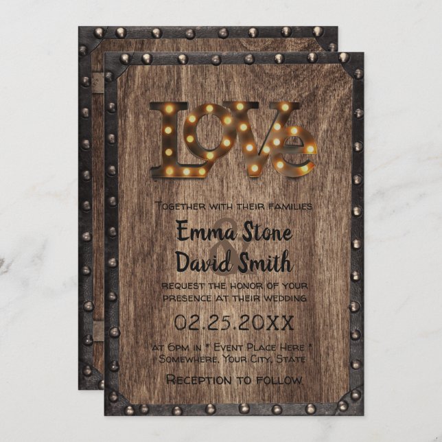 Rustic Industrial Wedding Love Sign Metal & Wood Invitation (Front/Back)