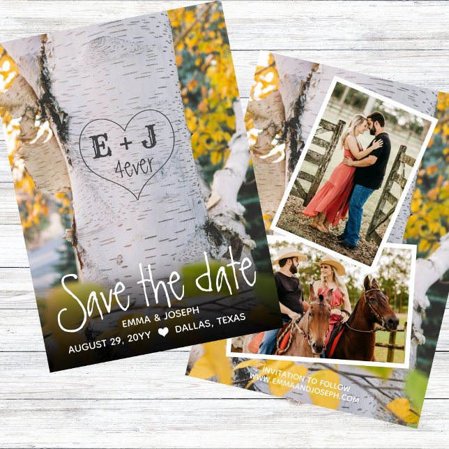 Rustic Initials 4ever Heart Carved Tree Wedding Invitation (Creator Uploaded)